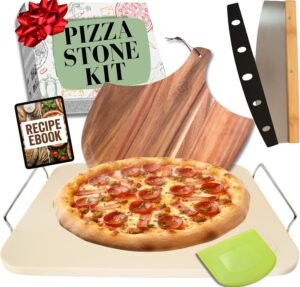 5-Piece Pizza Stone Set with Handles, Wood Peel, Cutter, and Dough Tool (15-Inch)